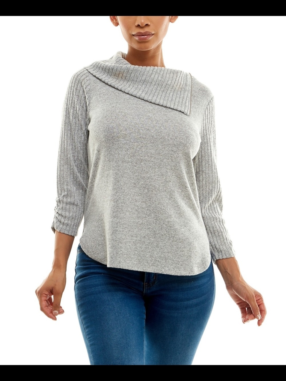 Adrienne Vittadini light gray heather 3/4-sleeve zippered cowl neck top
